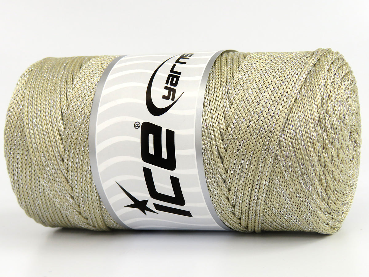 Ice Yarns Macrame Bulky Glitz – Marrón Leche, Plateado – 87 % Poliéster, 13 % Lúrex Metálico