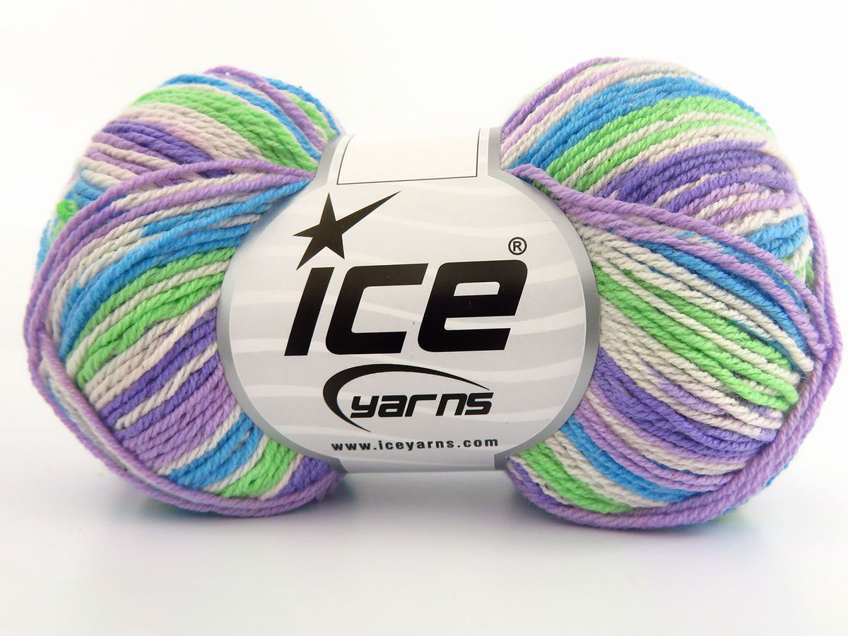 Ice Yarns Magic Cotton Sock – Lilac, White, Green, Turquoise – 38% Acrylic, 58% Cotton, 4% Polyester