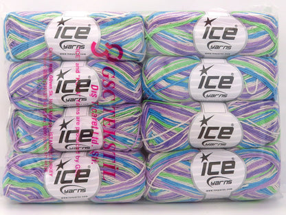 Ice Yarns Magic Cotton Sock – Lilac, White, Green, Turquoise – 38% Acrylic, 58% Cotton, 4% Polyester