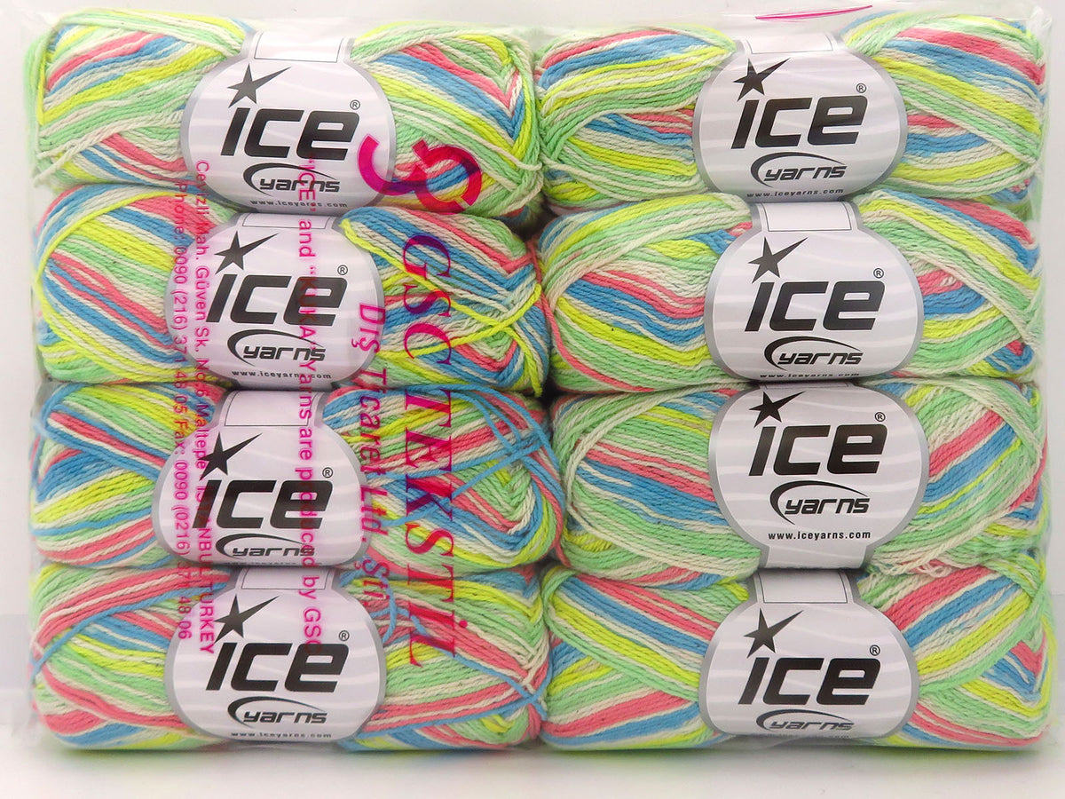 Ice Yarns Magic Cotton Sock – Yellow, Green, Salmon, Light Green, Turquoise – 38% Acrylic, 58% Cotton, 4% Polyester