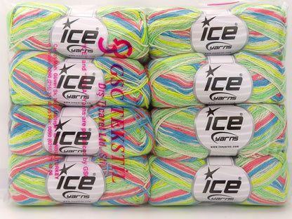 Ice Yarns Magic Cotton Sock – Yellow, Green, Salmon, Light Green, Turquoise – 38% Acrylic, 58% Cotton, 4% Polyester